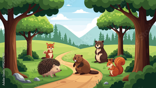 Various small woodland animals including a hedgehog and beaver gather on a dirt path in a peaceful green forest landscape.