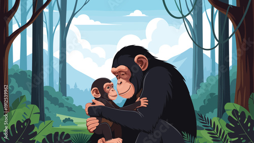 Chimpanzee mother gently hugs her small baby while sitting together in a lush tropical jungle with large green leaves.