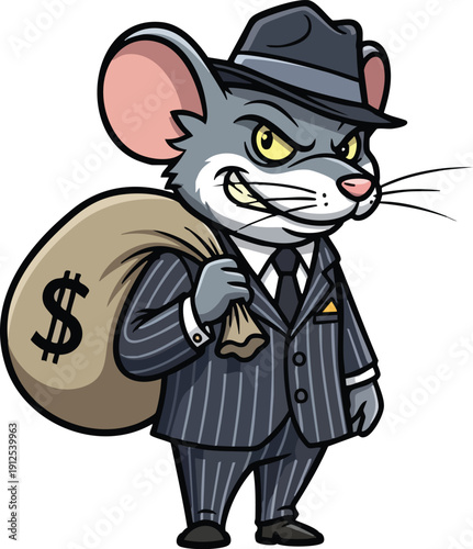 Cartoon mouse gangster carrying a sack of money.