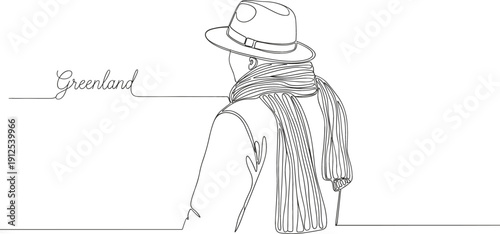 Continuous line drawing of a man in a fedora and scarf looking at Greenland for minimalist travel branding