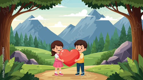 Boy and girl stand on a mountain path and hold a large red heart together as a symbol of friendship and love in nature.