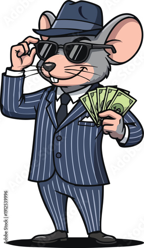 Cartoon mouse in a suit holding money and sunglasses.