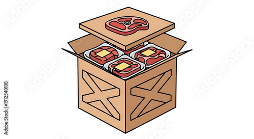Cardboard box filled with packaged beef steaks, ready for shipping or delivery
