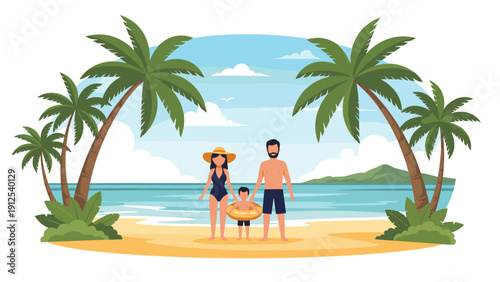 Happy family with parents and child wearing a swimming ring standing on a tropical sandy beach with palm trees.