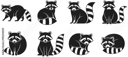 Set of cute raccoon silhouette icons featuring various poses like sitting walking and curling up with striped tails and masked faces (21 words)