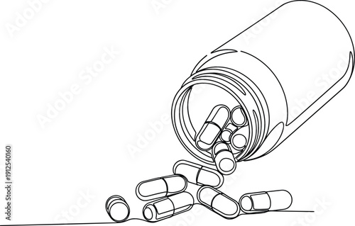 Continuous line drawing of a prescription pill bottle with spilling capsules for medical healthcare and pharmaceutical design
