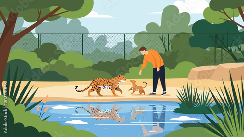 Zookeeper or visitor interacting with a leopard and its cub in a modern enclosure at a zoo with water reflection.