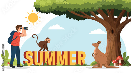 Traveler with binoculars observing a monkey and a kangaroo in a beautiful park featuring a large 3D text word summer.