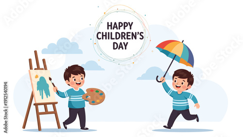 Creative and joyful boys celebrate happy children's day by painting on a canvas and running with a colorful umbrella.