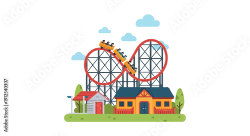 A colorful amusement park scene with a rollercoaster and many people enjoying rides on a sunny day with blue skies and green grass.