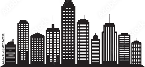 A clean black silhouette of a modern cityscape with various towering buildings and bright windows