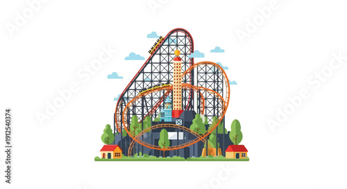 A colorful illustration of a roller coaster with many people in a vibrant amusement park setting with green trees and blue clouds.