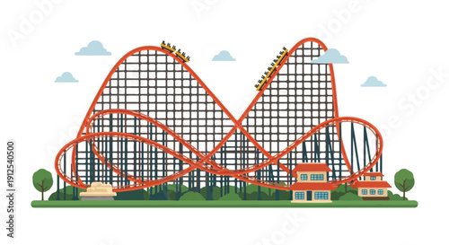 Illustration of a large orange rollercoaster with many people riding, set against a white background with green trees and blue clouds, featuring a colorful and lively amusement park scene.