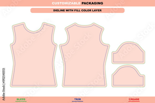 Short sleeve shirt packaging dieline template with simple garment structure and printable layout for clothing mockup design aligned with precise die line use