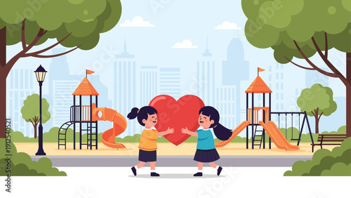 Two happy young girls in school uniforms holding a giant red heart together in front of a city park playground.