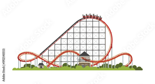 A group of many people ride a thrilling red roller coaster with sharp turns and steep drops against a clean white background with green trees and bushes below.