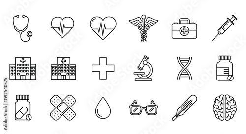 Medical icons and symbols arranged in a minimalist silhouette