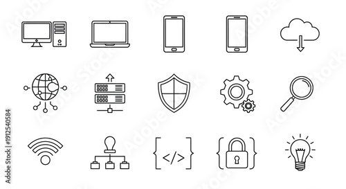 Technology icons depicting devices networking and security silhouette