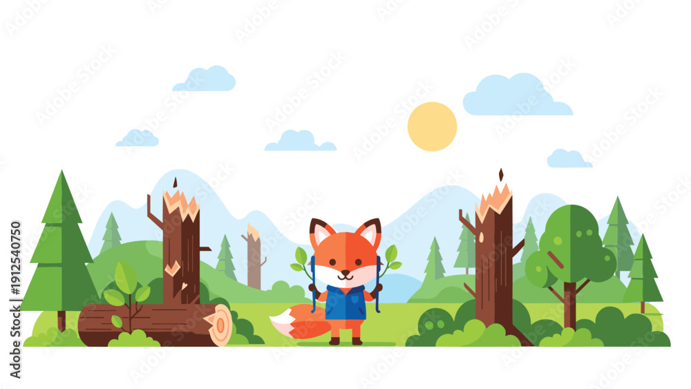 Naklejka premium Small red fox wearing a vest and standing in a deforested area with cut down logs and tree stumps under a sun.