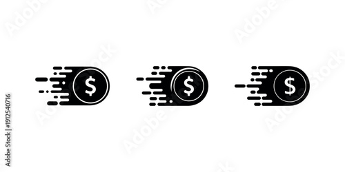 Fast dollar coin icon set representing money transfer speed digital payment processing quick financial transactions and global currency movement symbols