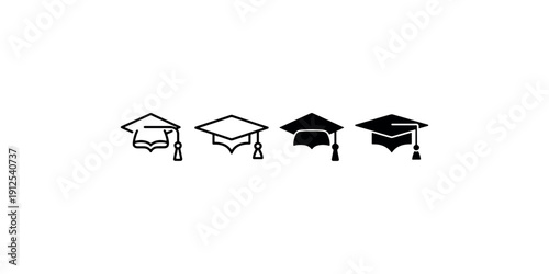 Graduation cap icon collection featuring different styles of academic mortarboard hats for education university students school achievement and ceremony