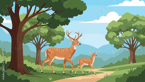 Majestic deer with antlers and its small fawn walking along a scenic forest path among green trees and bushes.