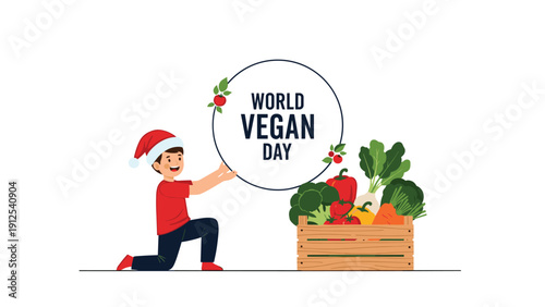 Young boy wearing a red Santa hat holds a large World Vegan Day sign beside a wooden crate filled with fresh garden vegetables.