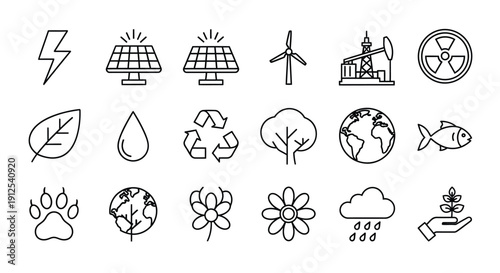 Environmental icons depicting nature energy and conservation silhouette
