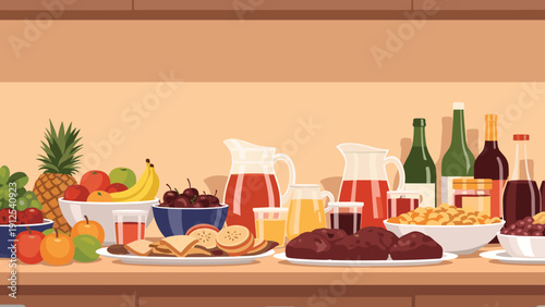 Long wooden table is abundantly covered with a variety of fresh fruits, juices, bowls of snacks, and bottled beverages in a kitchen.