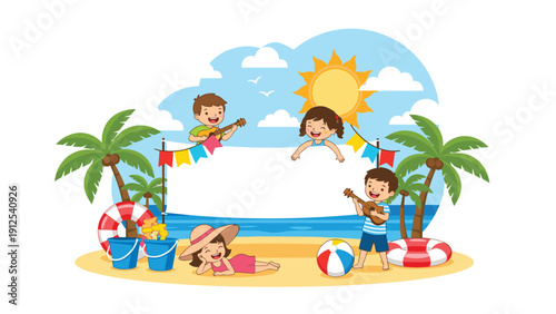 Group of joyful children play musical instruments and relax on a sunny beach around a blank white banner with festive decorations.