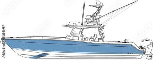 Detailed vector of modern center console sportfishing boat with tuna tower and outriggers for maritime tournament branding