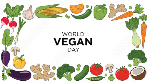 World Vegan Day text is centered within a vibrant rectangular frame composed of various fresh garden vegetables and produce.