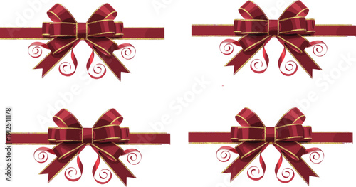 Elegant red gift ribbon bow set with golden trim decorative festive vector illustration isolated for holiday celebration packaging design