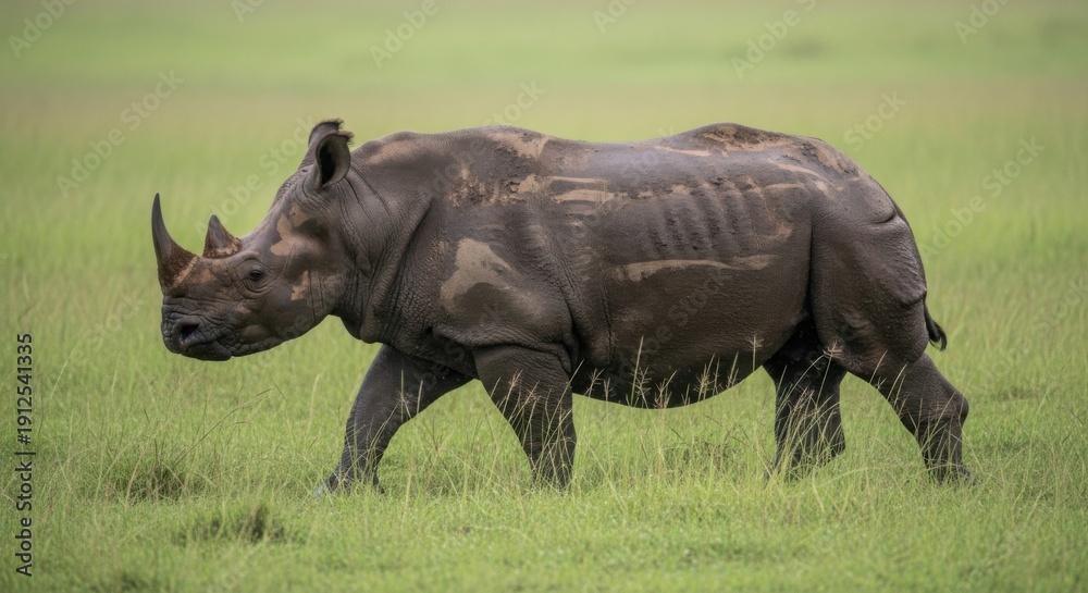 Fototapeta premium Majestic White Rhinoceros Walking Through Grassy Plains.