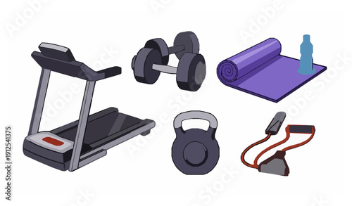 Fitness workout tools vector illustration with treadmill dumbbells and yoga mat in cartoon style