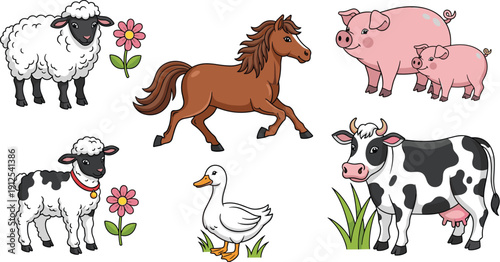 Diverse animal and nature set featuring wildlife silhouettes of elephants and lions alongside farm livestock and autumn harvest silhouettes