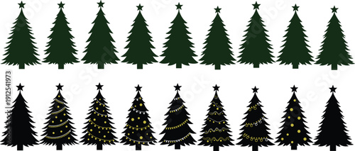 Christmas tree silhouette collection featuring decorated and plain evergreen pine trees, festive holiday vector illustration set isolated for seasonal design, greeting cards and winter graphics