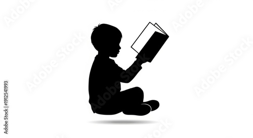 Child Reading Book Silhouette Isolated on White Background