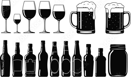 Beverage silhouette collection featuring beer mugs, wine glasses and bottle shapes, black vector drinkware set isolated for bar menu design, alcohol branding and restaurant graphics