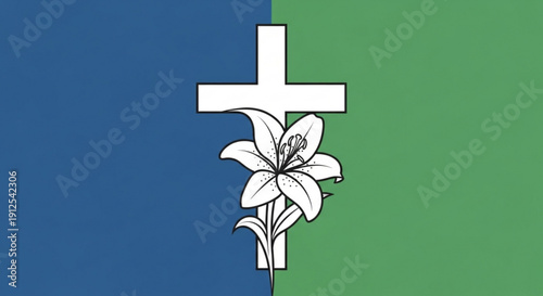 White Cross with Lily Flower on Blue and Green Background