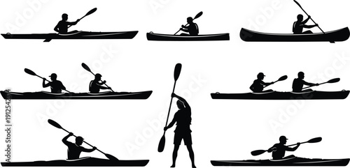 Silhouettes of kayakers and canoeists in diverse paddling positions, showcasing water sports, outdoor adventure, motion techniques, and recreational activity concepts for fitness and design.