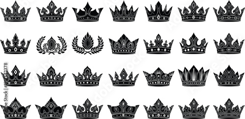 Collection of 25 crown illustrations in diverse ornamental styles, symbolizing royalty, ceremonial headwear, luxury, and historical design concepts for art, fashion, and cultural themes.