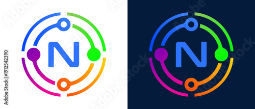 Modern letter “N” logo with colorful circular connection elements, representing digital technology, network connectivity, innovation, and smart systems.