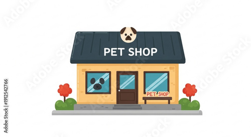 Pet Shop Building with Dog Silhouettes in Windows and Flowers Outside