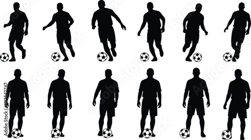 Soccer player silhouette collection featuring football dribbling poses and standing positions, dynamic sports vector set isolated for training graphics, team design and athletic illustration