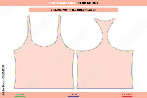 Womens racerback tank apparel dieline with girls editable vector die line female printable garment mockup professional ladies tank top packaging layout premium