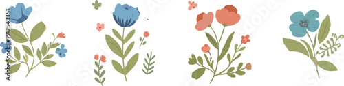 Hand drawn pastel floral vector illustration set with delicate wildflowers and leaves for decorative botanical design collection