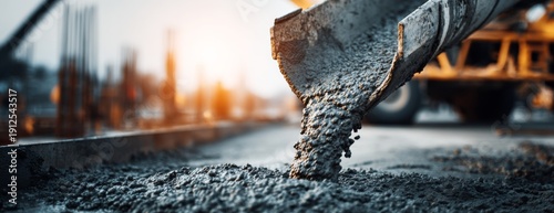 Cement truck pouring concrete at construction site with machinery  