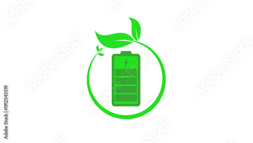A green battery icon with leaf elements symbolizing eco energy, sustainability, and renewable power concepts.
