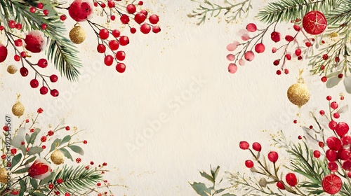 Festive Christmas Border with Red Berries and Pine Branches.